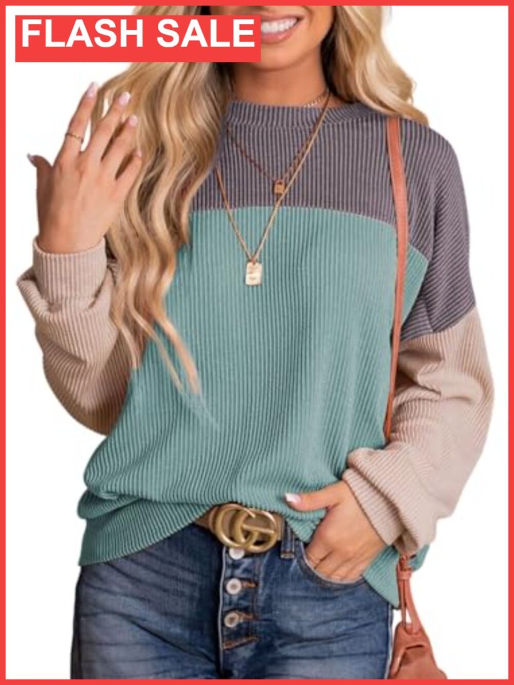 Dokotoo Womens Color Block Ribbed Knit Long Sleeve Tunic Top
